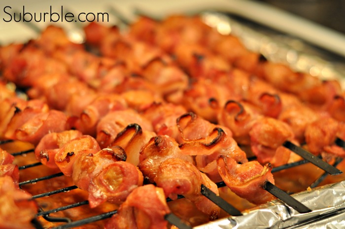 Bacon Wrapped Sausages - finished kebabs - Suburble